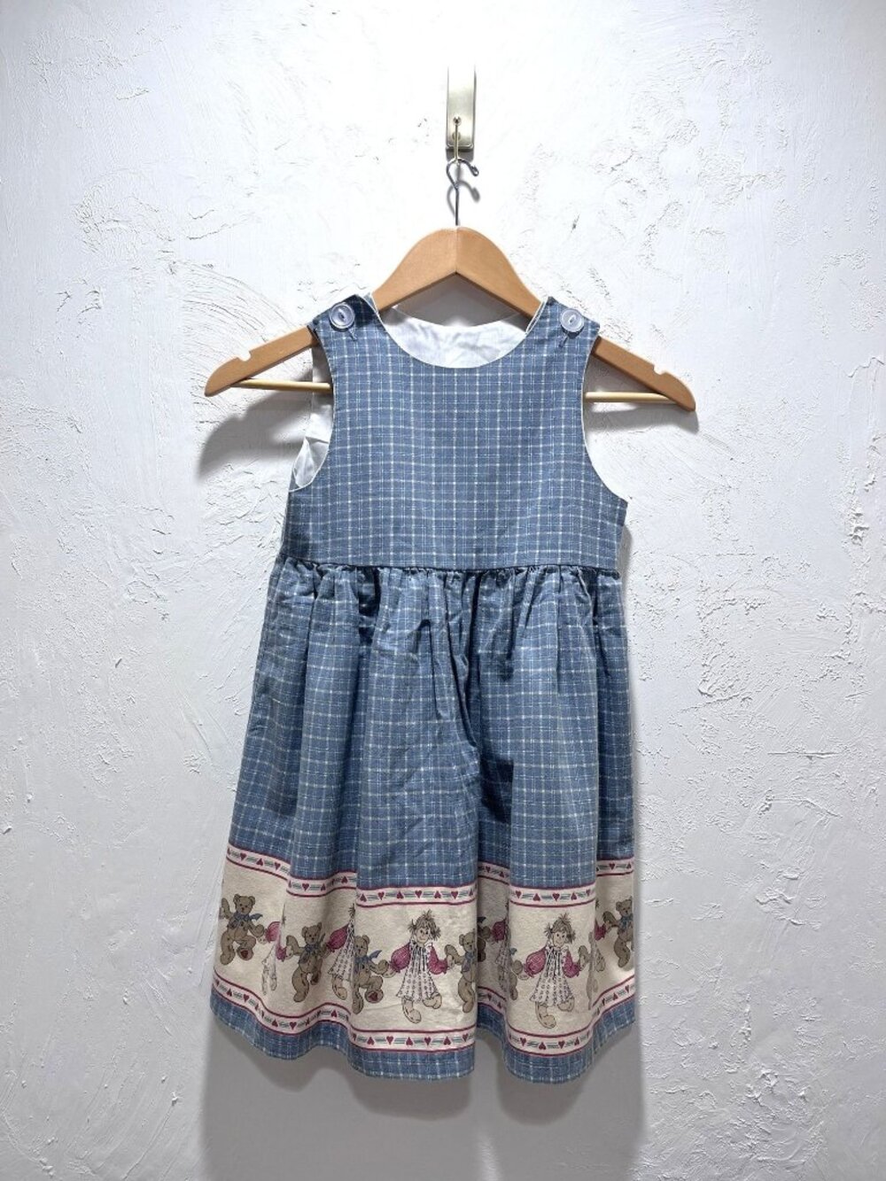 Vintage 90 Blue Plaid Girls Jumper Dress With Raggedy Ann & Teddy Bear Handmade